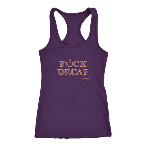 Image of front view of a purple tank top with the original Caffeiniac design F_CK DECAF on the front in tan ink
