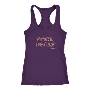front view of a purple tank top with the original Caffeiniac design F_CK DECAF on the front in tan ink