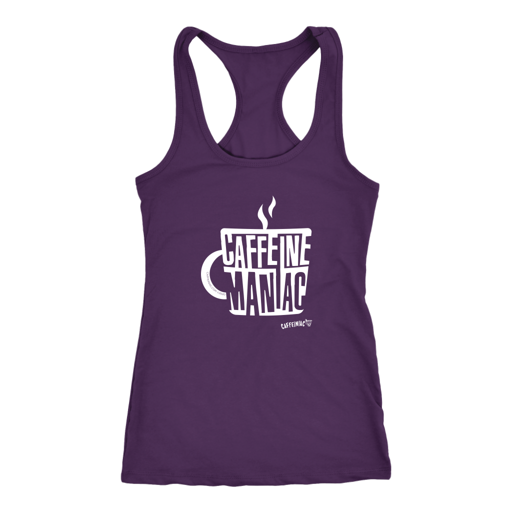 a purple Racerback Tank by Next Level featuring the original Caffeiniac design "Caffeine Maniac" on the front.