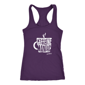 a purple Racerback Tank by Next Level featuring the original Caffeiniac design "Caffeine Maniac" on the front.