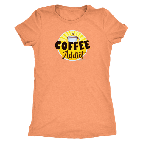 Image of front view of an orange Caffeiniac shirt with the Coffee Addict design