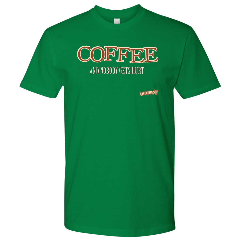 front view of a lime green Next Level Mens Shirt featuring the Caffeiniac design "COFFEE and nobody gets hurt" on the front of the tee