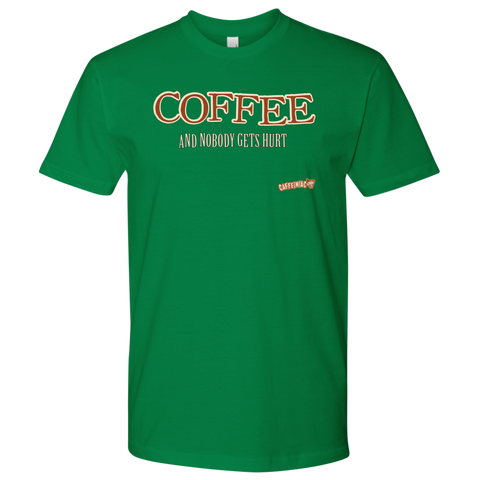 Image of front view of a lime green Next Level Mens Shirt featuring the Caffeiniac design "COFFEE and nobody gets hurt" on the front of the tee