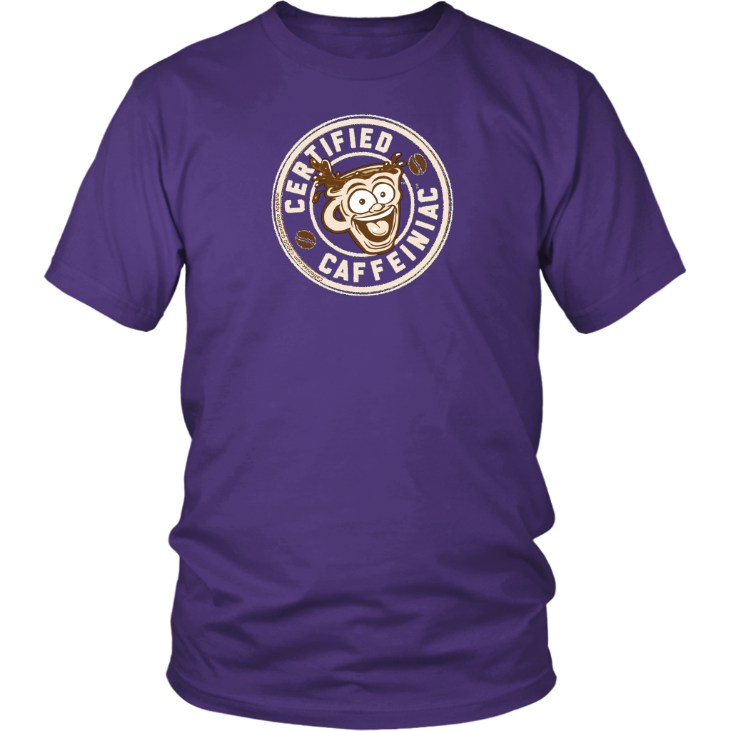 Front view of a men’s purple shirt featuring the Certified Caffeiniac design in tan ink on the front