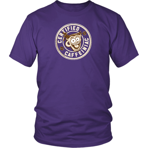 Image of Front view of a men’s purple shirt featuring the Certified Caffeiniac design in tan ink on the front