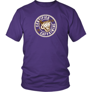 Front view of a men’s purple shirt featuring the Certified Caffeiniac design in tan ink on the front