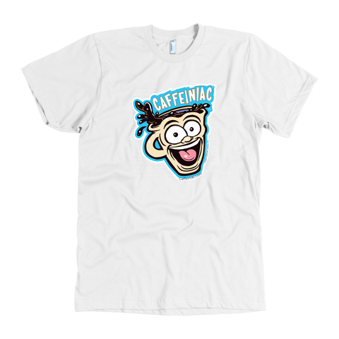 Image of front view of a white mens t-shirt featuring the original Caffeiniac dude cup design