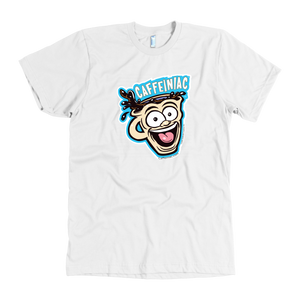 front view of a white mens t-shirt featuring the original Caffeiniac dude cup design