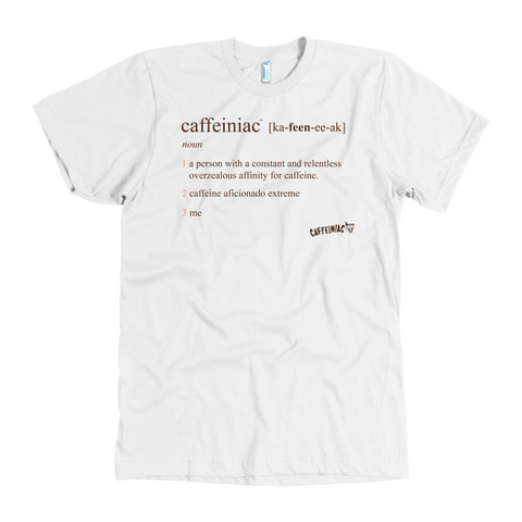 Image of a white shirt featuring the original Caffeiniac defined design