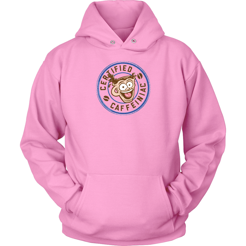 front view of a pink unisex hoodie featuring the certified caffeiniac design 