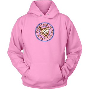 front view of a pink unisex hoodie featuring the certified caffeiniac design 