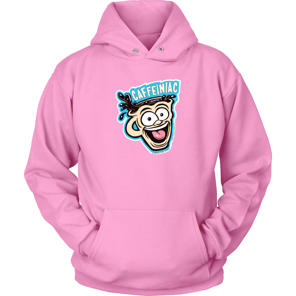 Front view of a pink unisex Hoodie featuring the original Caffeiniac Dude cup design on the front