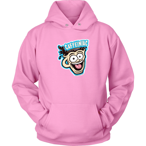 Image of Front view of a pink unisex Hoodie featuring the original Caffeiniac Dude cup design on the front