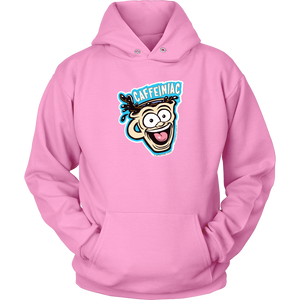 Front view of a pink unisex Hoodie featuring the original Caffeiniac Dude cup design on the front