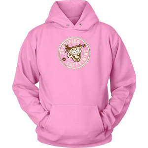 front view of a pink unisex hoodie with the Certified Caffeiniac design on front in tan ink