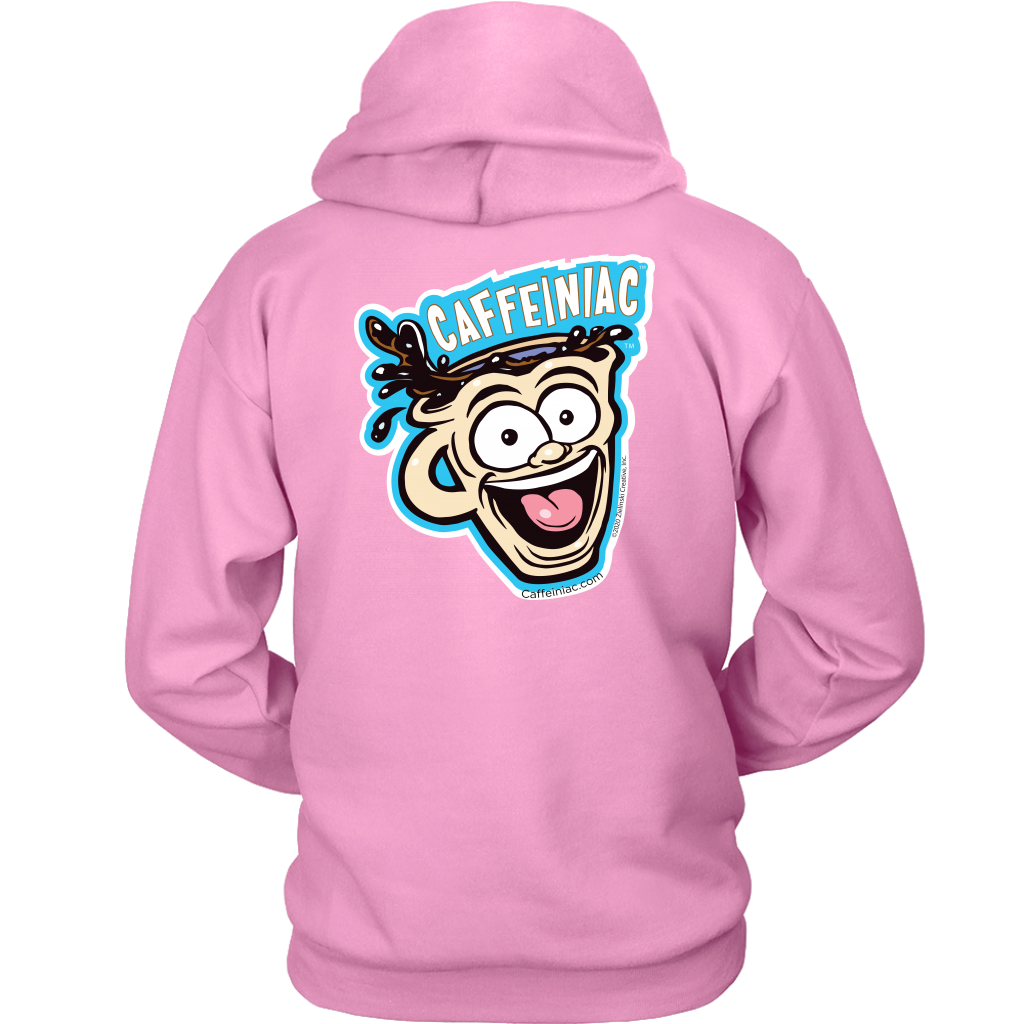 back view of a pink unisex Hoodie featuring the original Caffeiniac Dude design on the front left chest and full size on the back