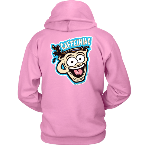 Image of back view of a pink unisex Hoodie featuring the original Caffeiniac Dude design on the front left chest and full size on the back