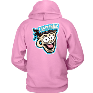 back view of a pink unisex Hoodie featuring the original Caffeiniac Dude design on the front left chest and full size on the back