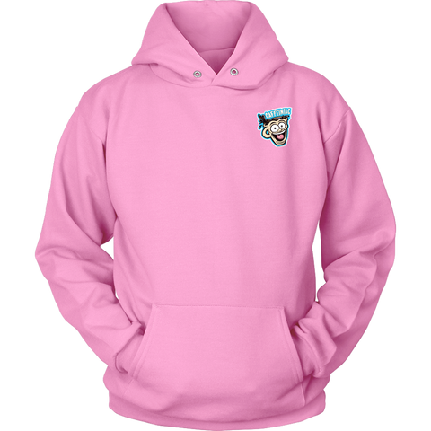 Image of Front view of a pink unisex Hoodie featuring the original Caffeiniac Dude design on the front left chest and full size on the back