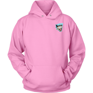 Front view of a pink unisex Hoodie featuring the original Caffeiniac Dude design on the front left chest and full size on the back