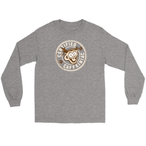 Front view of a light grey long sleeve t-shirt featuring the Certified Caffeiniac design in tan