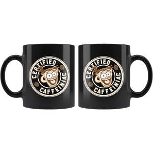 a black coffee mug featuring the Certified Caffeiniac design in tan and brown printed on both sides