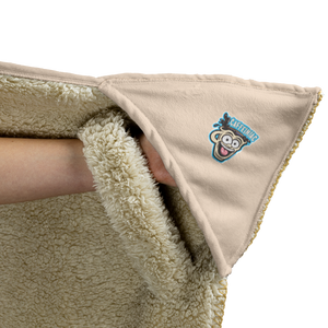 the left glove area of a fleece lined hooded blanket with the Caffeiniac Dude logo on the glove