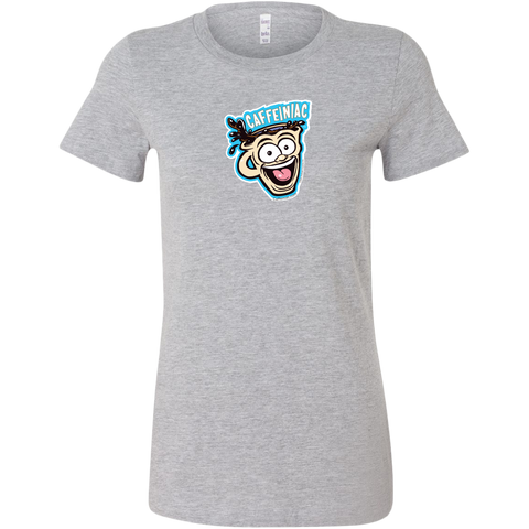 Image of front view of a light grey short sleeve shirt featuring the original Caffeiniac dude cup design on the front