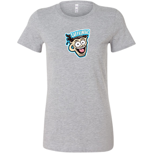 front view of a light grey short sleeve shirt featuring the original Caffeiniac dude cup design on the front