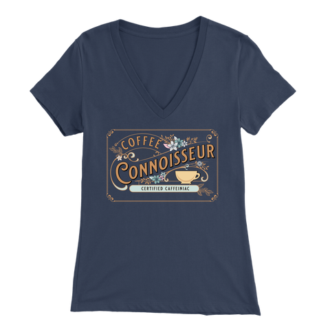 Image of a woman's vintage navy blue v-neck shirt with the Coffee Connoisseur design by Caffeiniac on the front