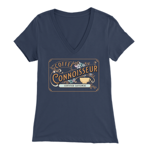 a woman's vintage navy blue v-neck shirt with the Coffee Connoisseur design by Caffeiniac on the front