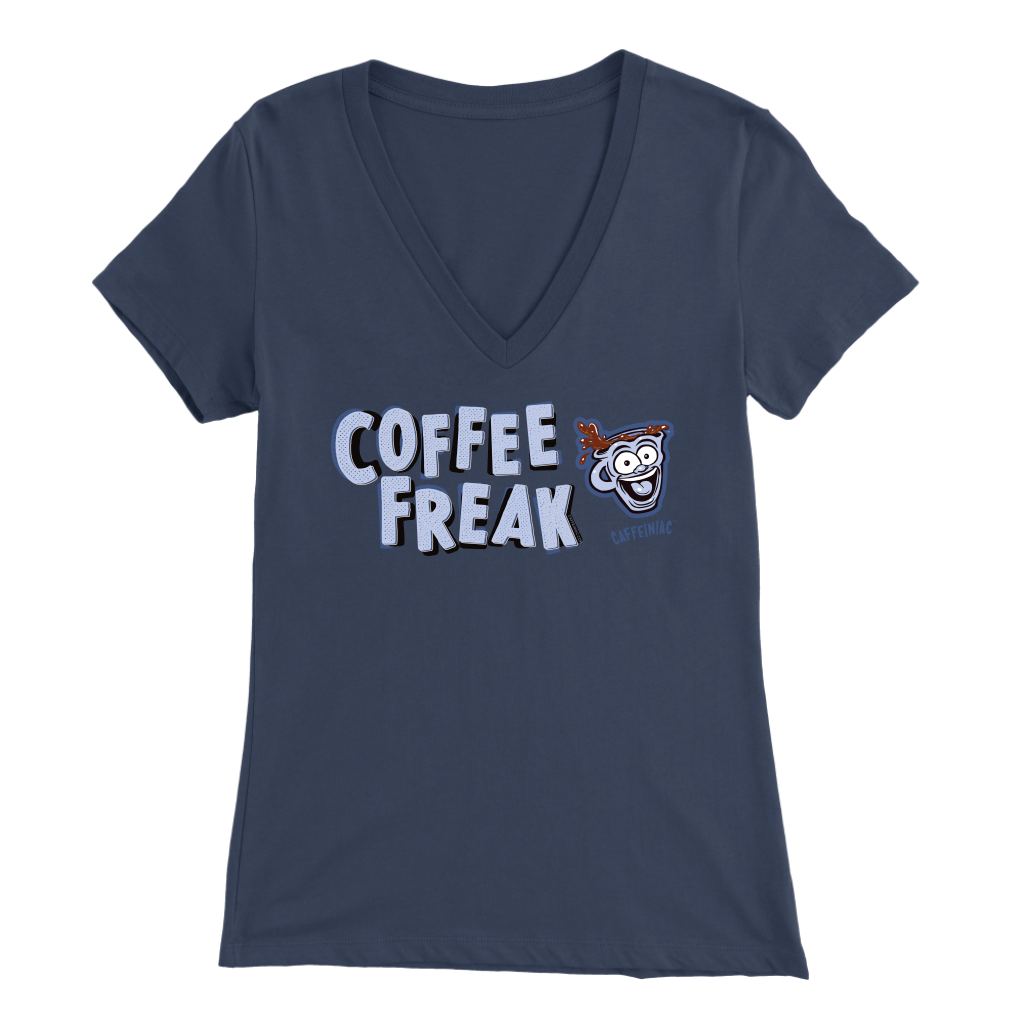 front view of a women's blue Caffeiniac v-neck t-shirt with the COFFEE FREAK design in light blue letters