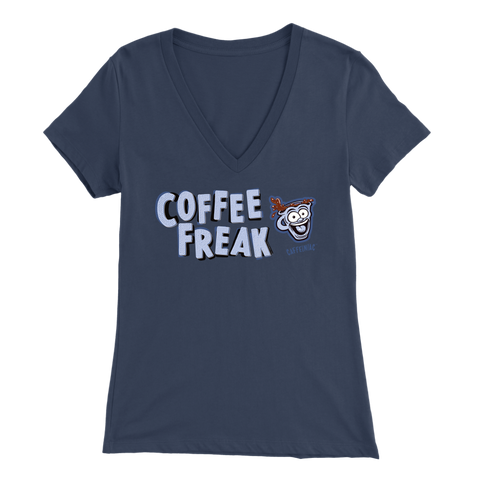 Image of front view of a women's blue Caffeiniac v-neck t-shirt with the COFFEE FREAK design in light blue letters