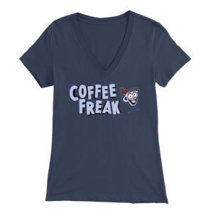 front view of a women's blue Caffeiniac v-neck t-shirt with the COFFEE FREAK design in light blue letters