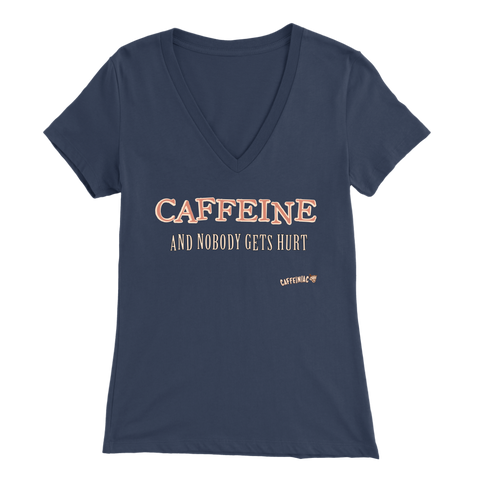 Image of front view of a blue V-neck Caffeiniac shirt with the design CAFFEINE and nobody gets hurt