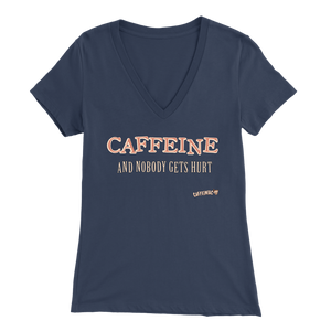 front view of a blue V-neck Caffeiniac shirt with the design CAFFEINE and nobody gets hurt