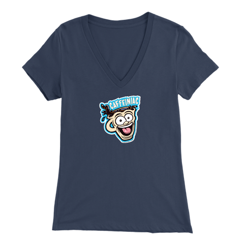 Image of Front view of a navy blue colored womens v-neck light blue shirt featuring the original Caffeiniac Dude cup design on the front