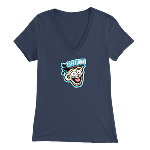 Front view of a navy blue colored womens v-neck light blue shirt featuring the original Caffeiniac Dude cup design on the front
