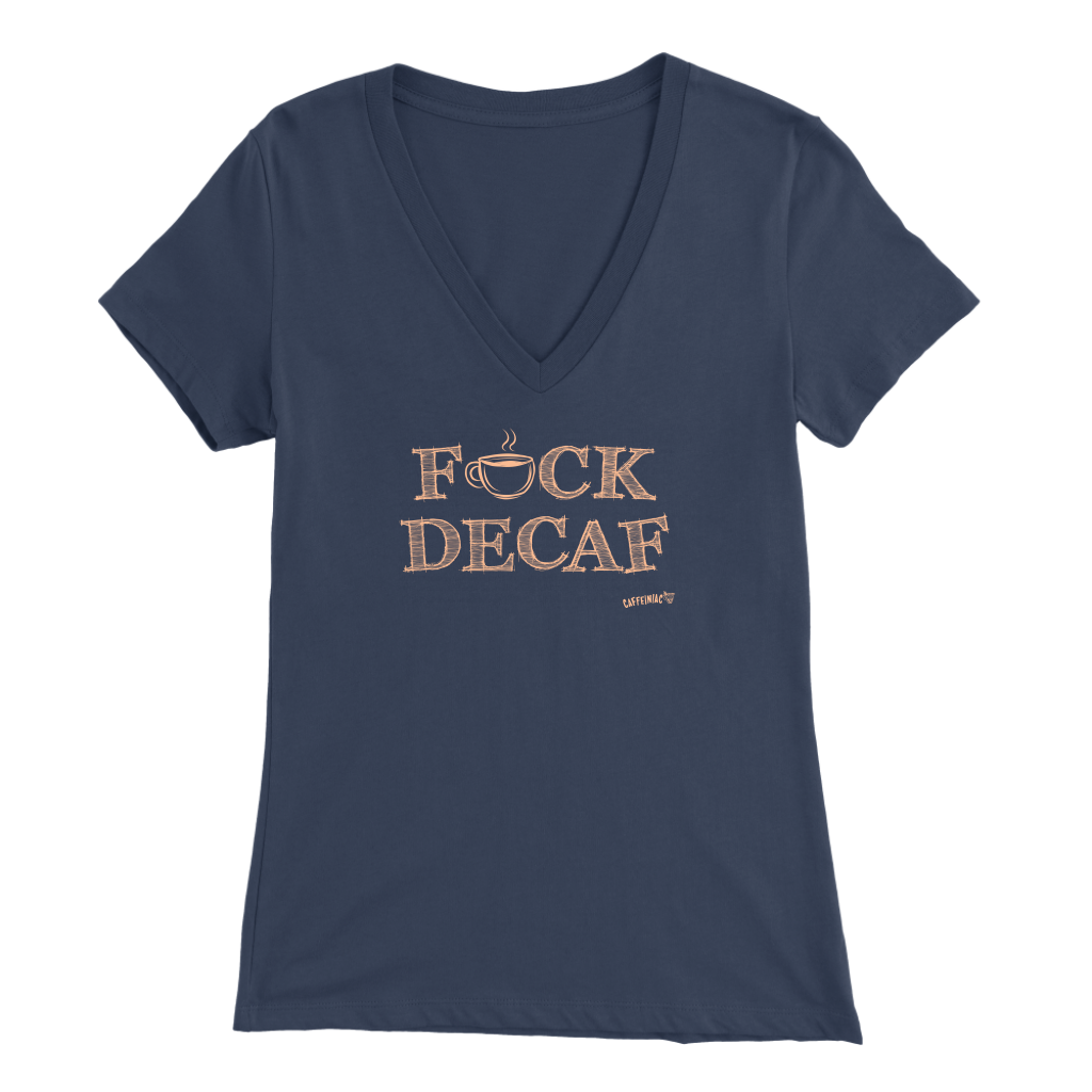 front view of a women's navy blue v-neck shirt featuring the Caffeiniac design F_CK DECAF