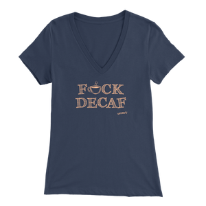front view of a women's navy blue v-neck shirt featuring the Caffeiniac design F_CK DECAF