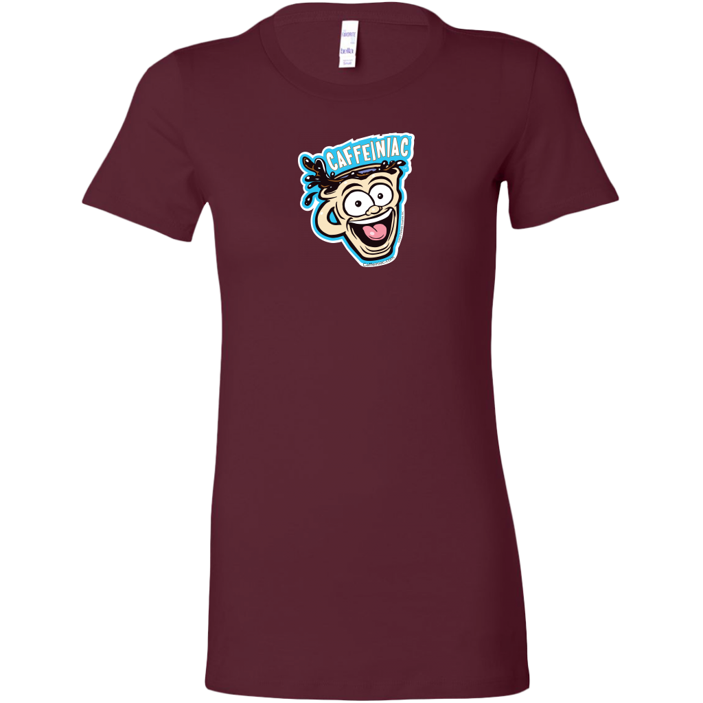 front view of a plum color short sleeve womens  shirt featuring the original Caffeiniac dude cup design on the front