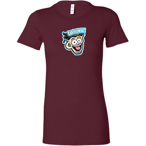 Image of front view of a plum color short sleeve womens  shirt featuring the original Caffeiniac dude cup design on the front