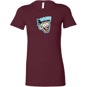 front view of a plum color short sleeve womens  shirt featuring the original Caffeiniac dude cup design on the front