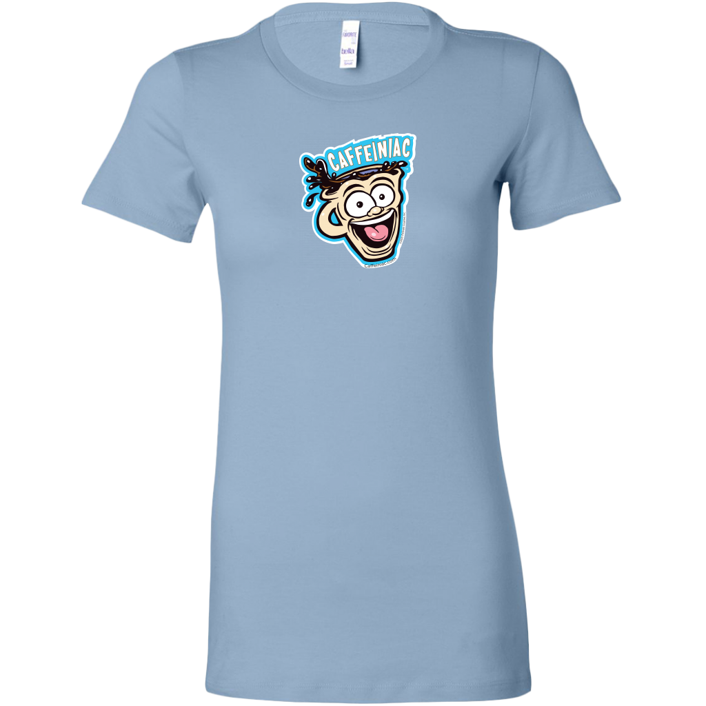 front view of a light blue short sleeve shirt featuring the original Caffeiniac dude cup design on the front
