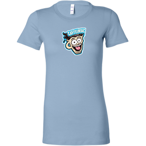 front view of a light blue short sleeve shirt featuring the original Caffeiniac dude cup design on the front