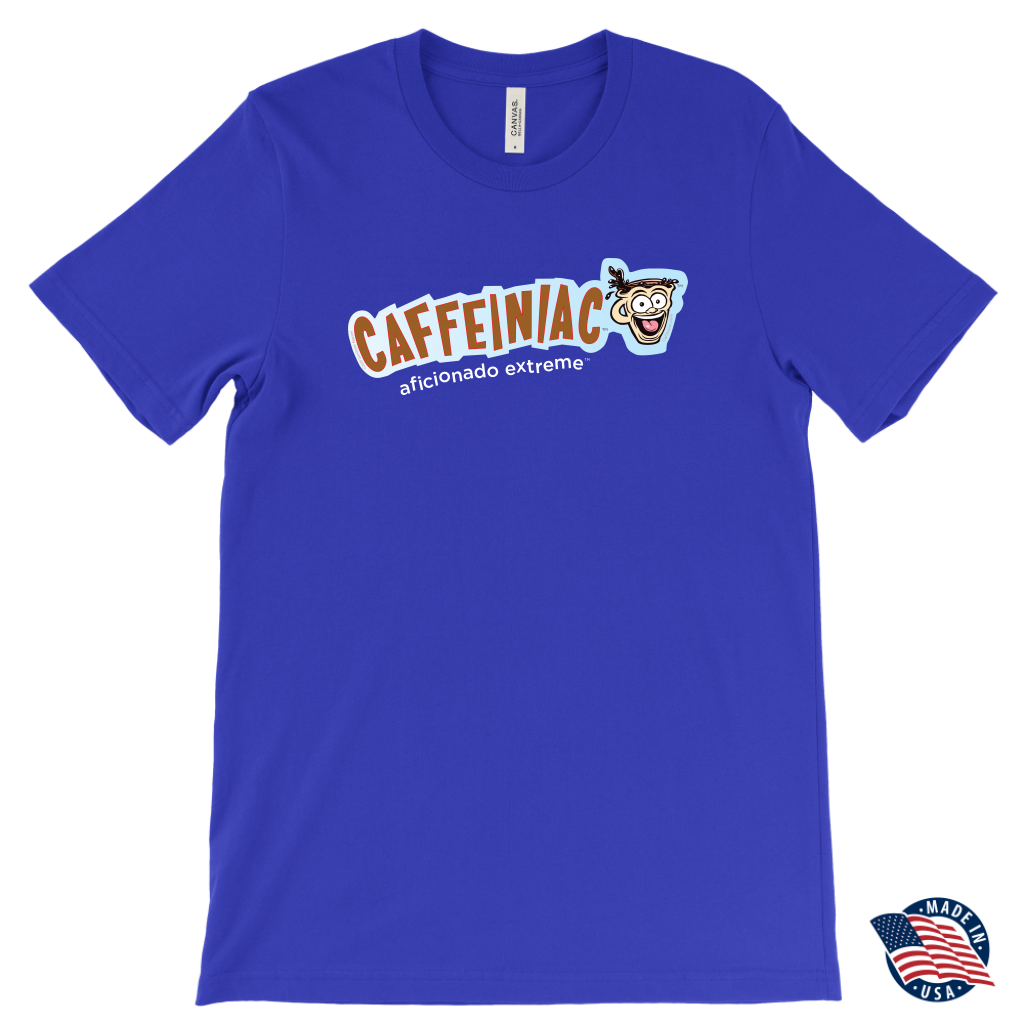 front view of a royal blue t-shirt made in the USA featuring the Caffeiniac aficionado extreme design on the front