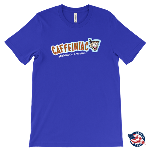 Image of front view of a royal blue t-shirt made in the USA featuring the Caffeiniac aficionado extreme design on the front