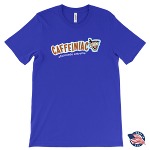 front view of a royal blue t-shirt made in the USA featuring the Caffeiniac aficionado extreme design on the front