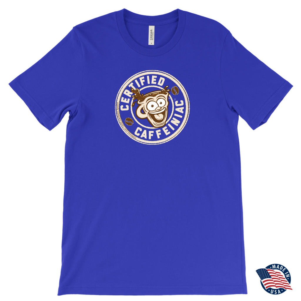 front view of a royal blue Canvas Mens T-Shirt featuring the original Certified Caffeiniac design on the front. Made in the USA