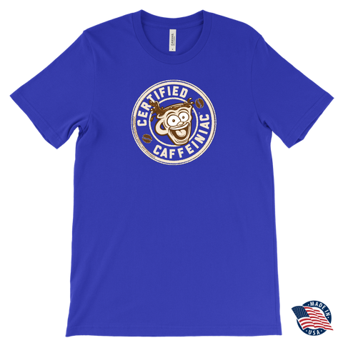Image of front view of a royal blue Canvas Mens T-Shirt featuring the original Certified Caffeiniac design on the front. Made in the USA